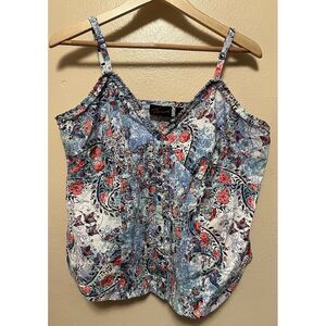 Torrid Top Cami Blue Pink Floral Print Pleated Ruffle Tank Button Up Womens Sz 2